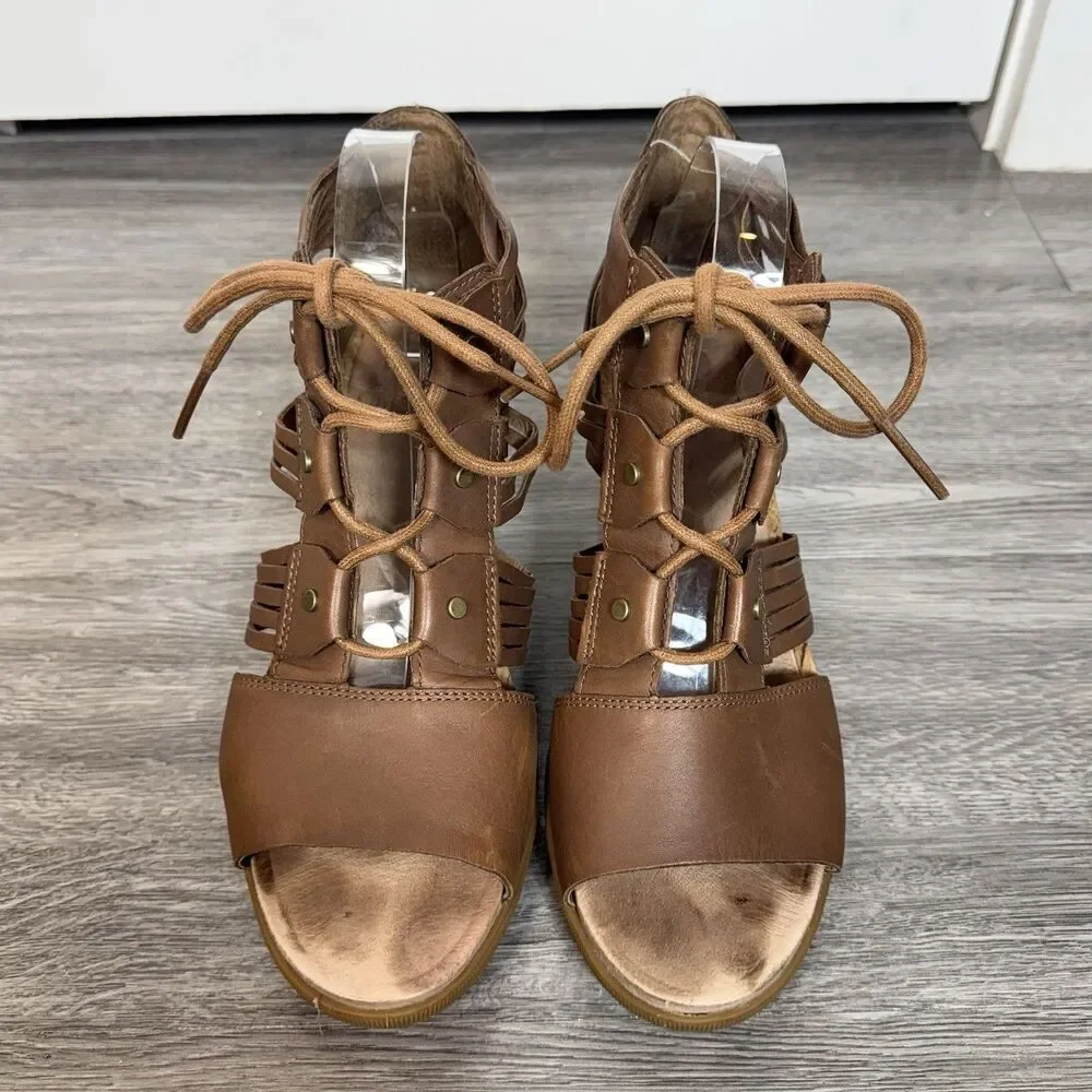 Sorel Joanie II Lace Huarache Wedge Sandal Size 10.5 Brown Leather Strappy